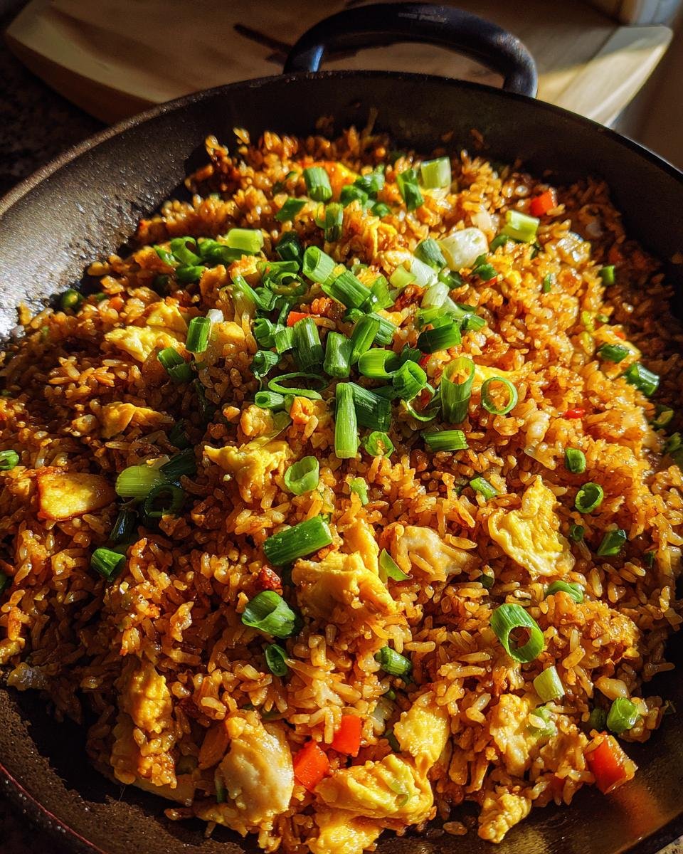 Nahaufnahme von besserem H&auml;hnchenreis mit Ei, H&uuml;hnchenst&uuml;cken und Fr&uuml;hlingszwiebeln in einer Pfanne.