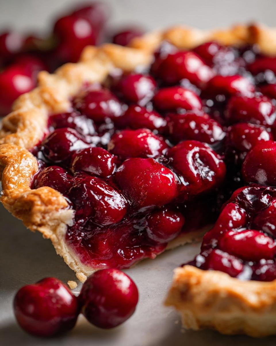 Close-up of a slice of the Best Tart Cherry Pie Recipe, showing juicy cherries and golden crust.