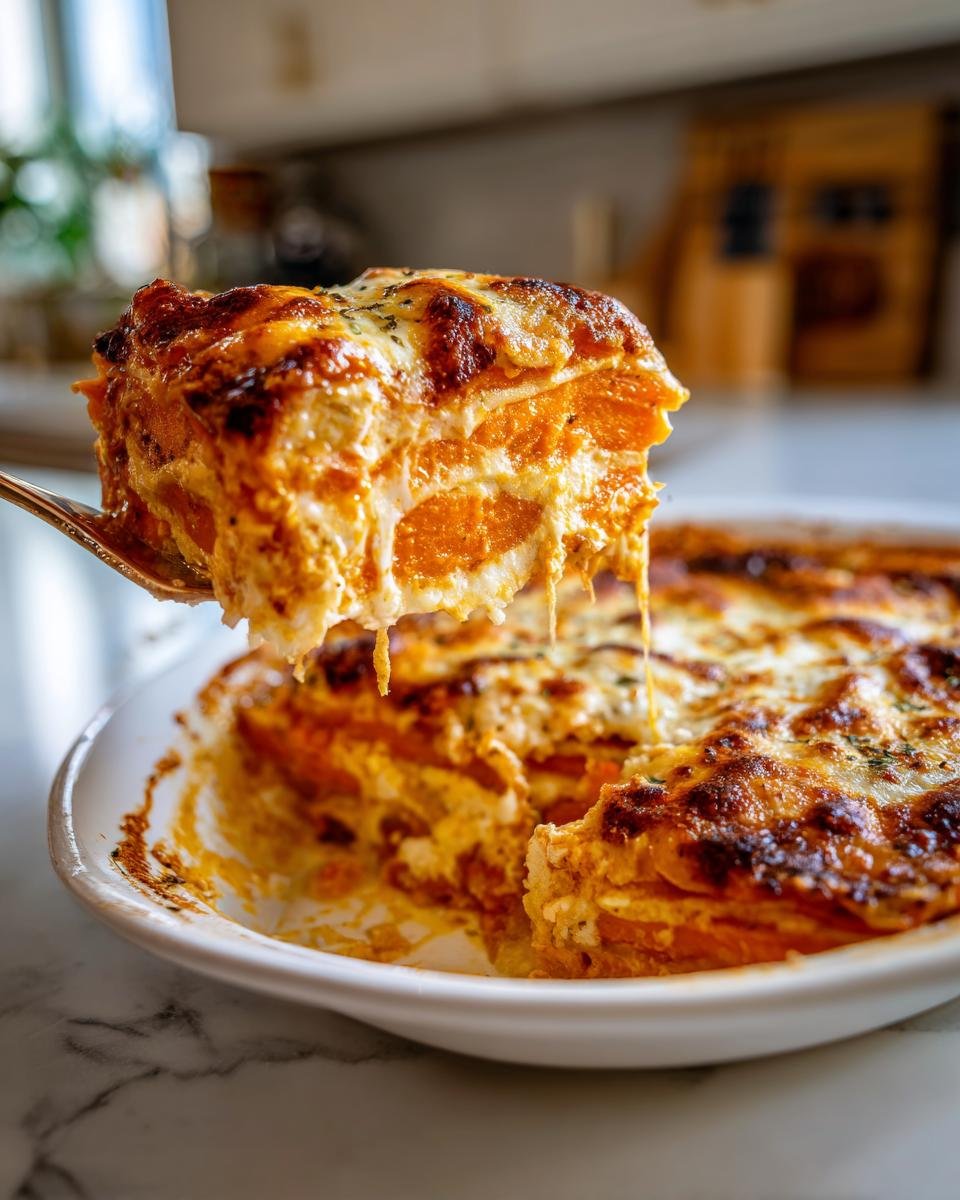 Ein goldbraun &uuml;berbackenes St&uuml;ck S&uuml;&szlig;kartoffelgratin wird mit einer Gabel aus der Auflaufform gehoben.