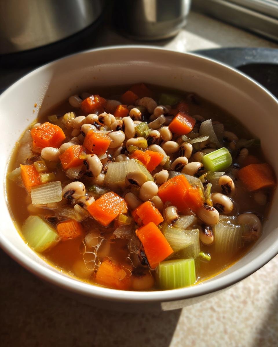Eine Sch&uuml;ssel Black Eyed Pea Soup mit gro&szlig;en St&uuml;cken Karotte und Sellerie, im Sonnenlicht.