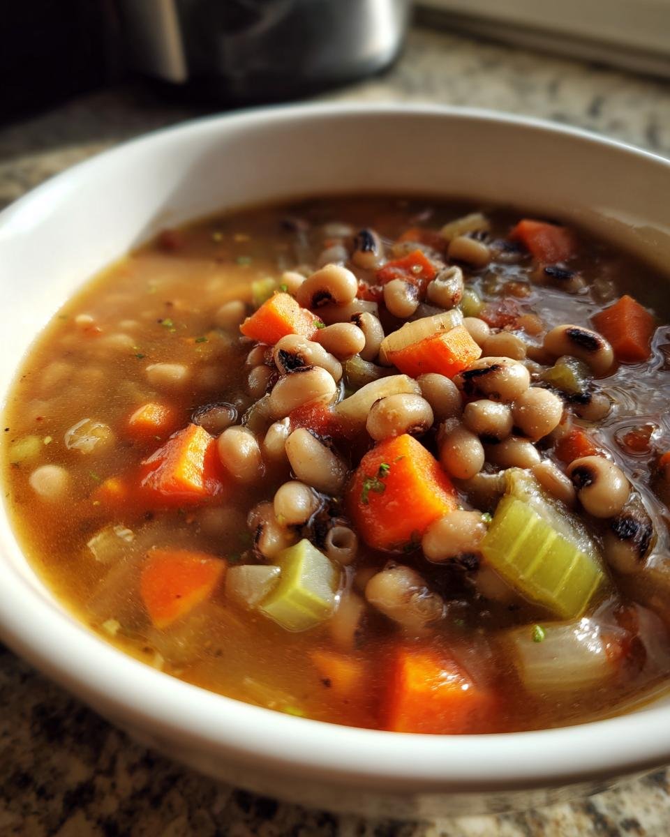 Nahaufnahme einer Sch&uuml;ssel mit herzhafter Black Eyed Pea Soup, gef&uuml;llt mit Bohnen, Karotten und Sellerie.
