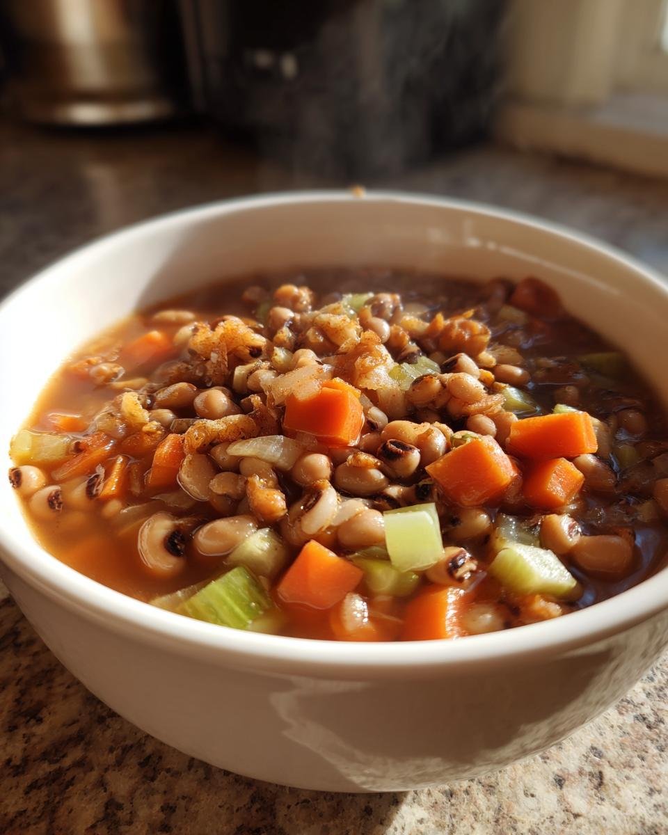 Nahaufnahme einer dampfenden wei&szlig;en Sch&uuml;ssel mit Black Eyed Pea Soup, gef&uuml;llt mit Augenbohnen, Karotten und Selleri.