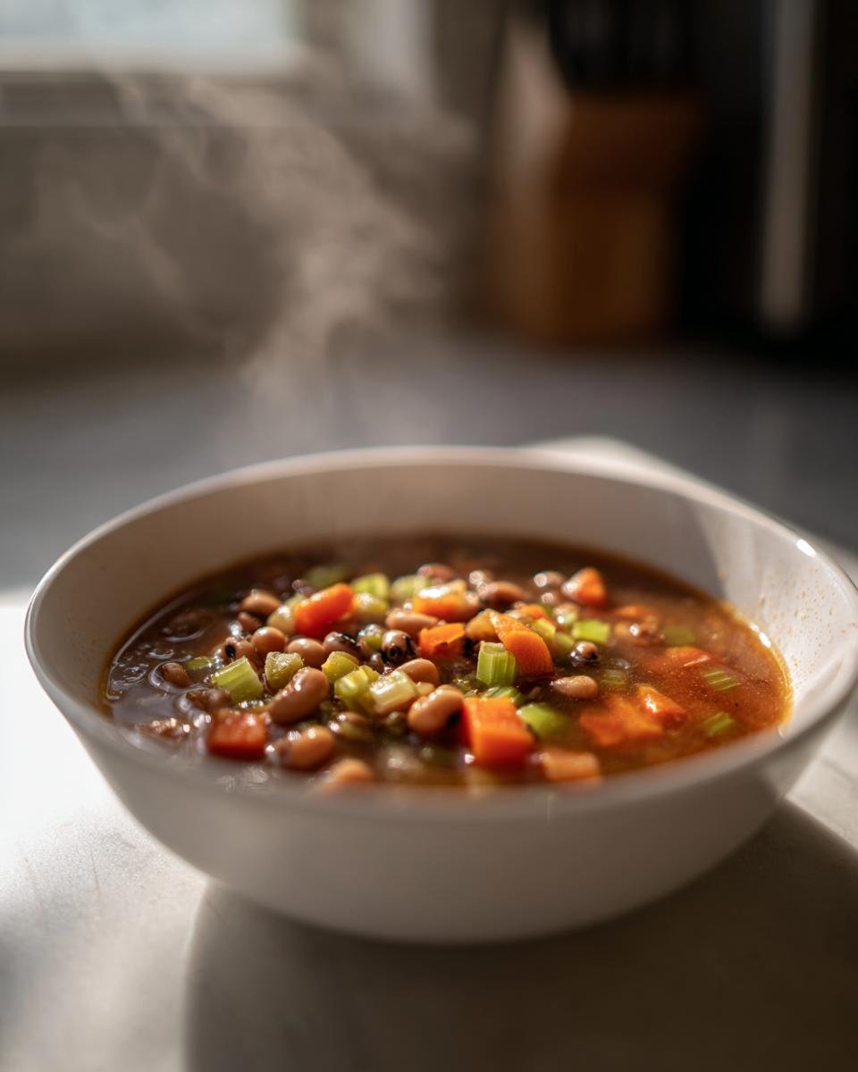 Eine dampfende Sch&uuml;ssel mit Black Eyed Pea Suppe, reich an Bohnen und Gem&uuml;sew&uuml;rfeln.