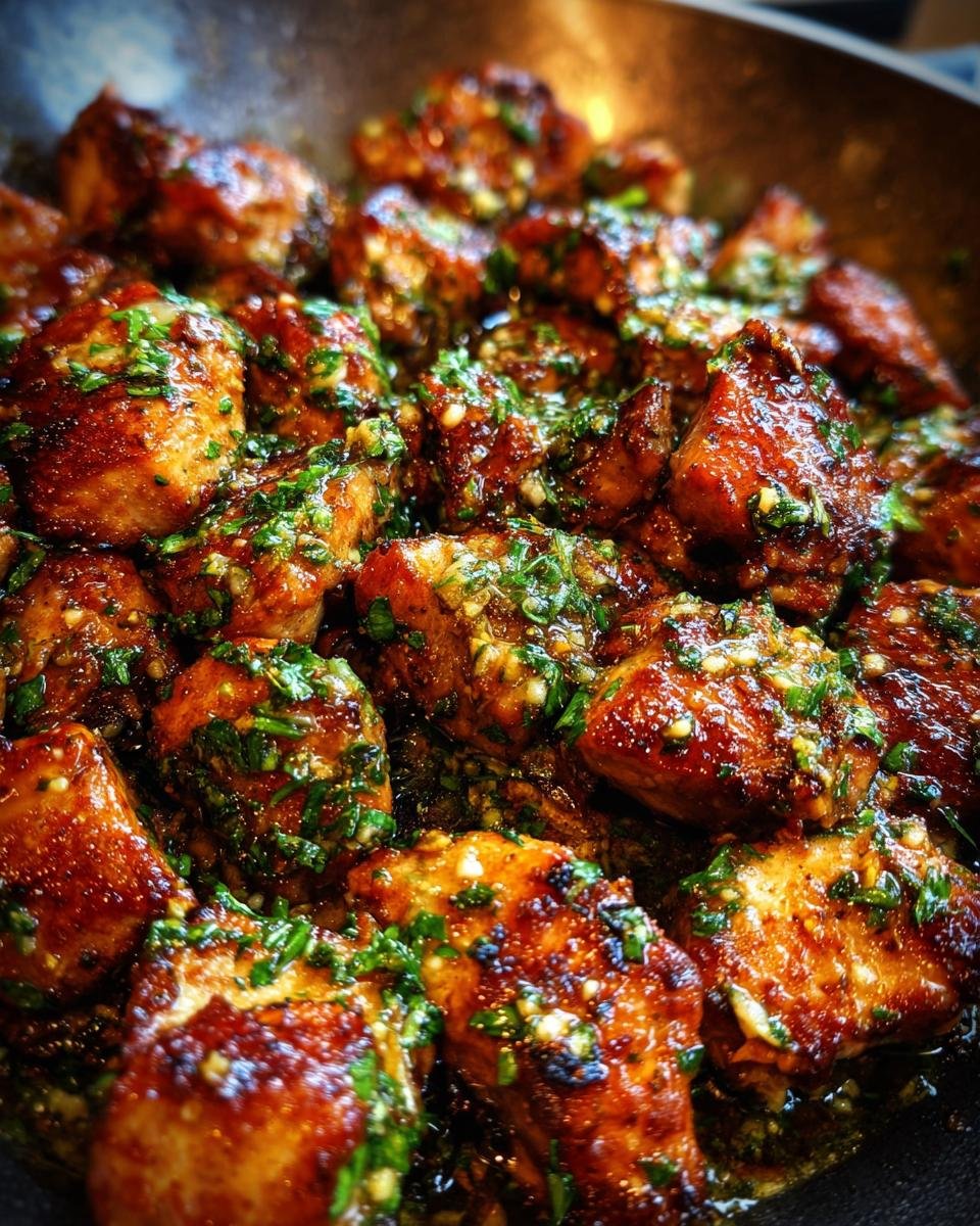 Nahaufnahme von unwiderstehlichem Blackstone Garlic Parmesan Chicken, bedeckt mit Kr&auml;utern und einer gl&auml;nzenden Sauce.