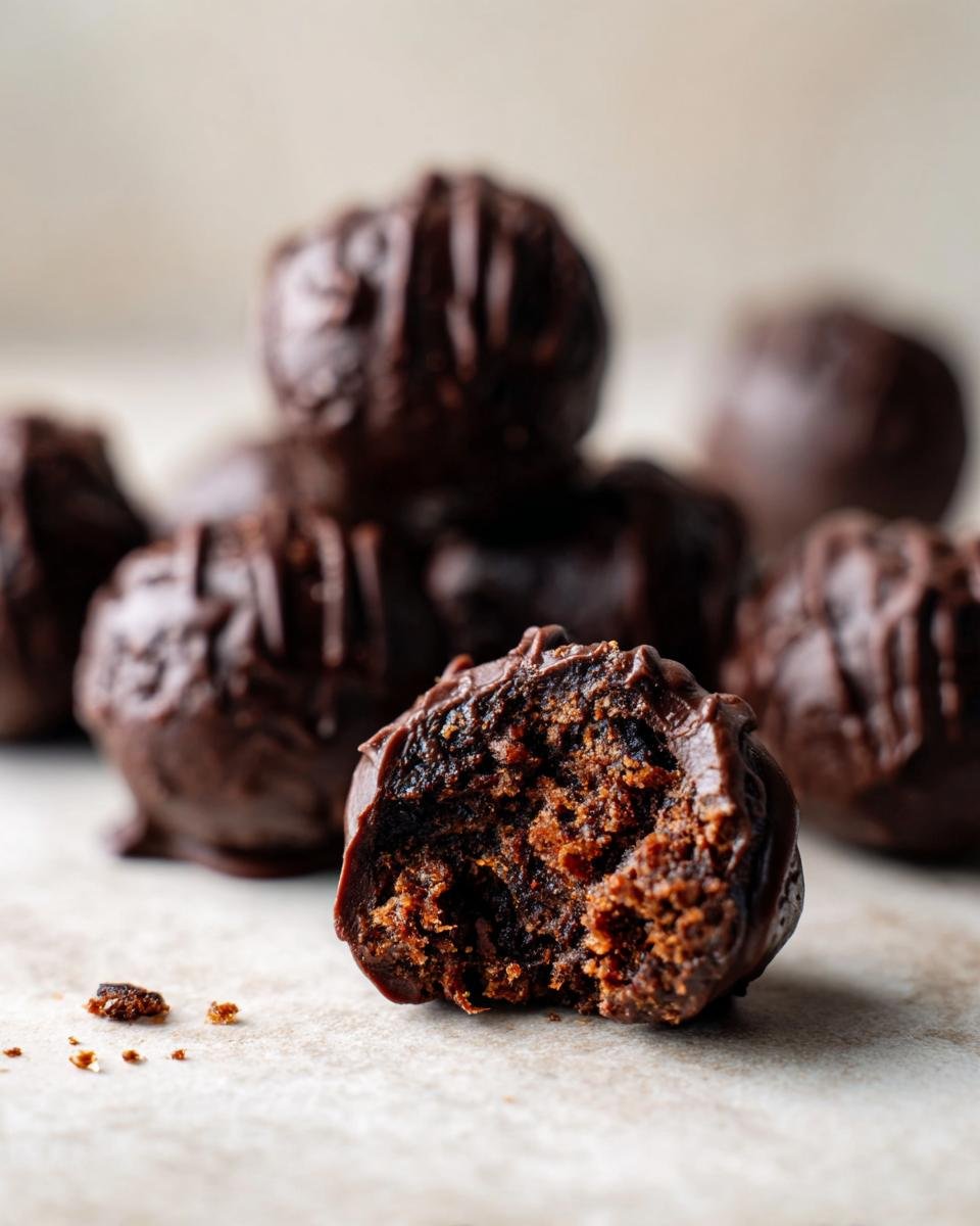 Nahaufnahme einer angeschnittenen Bourbon Balls, die den feuchten, dunklen Inneren zeigt, umgeben von weiteren Schokoladenpralinen.