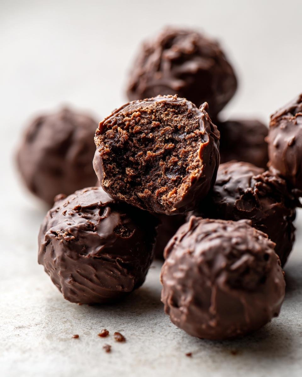 Nahaufnahme von schokoladenüberzogenen Bourbon Balls, einer davon aufgebissen, um die feuchte Füllung zu zeigen.