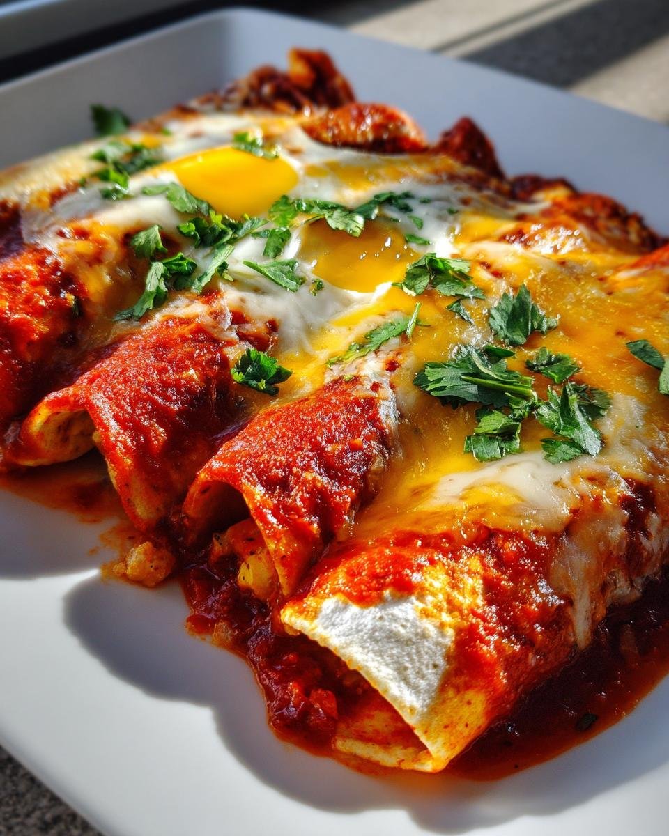 Drei &uuml;berbackene Breakfast Enchiladas mit roter Sauce, geschmolzenem K&auml;se und Spiegeleiern, garniert mit Petersilie.