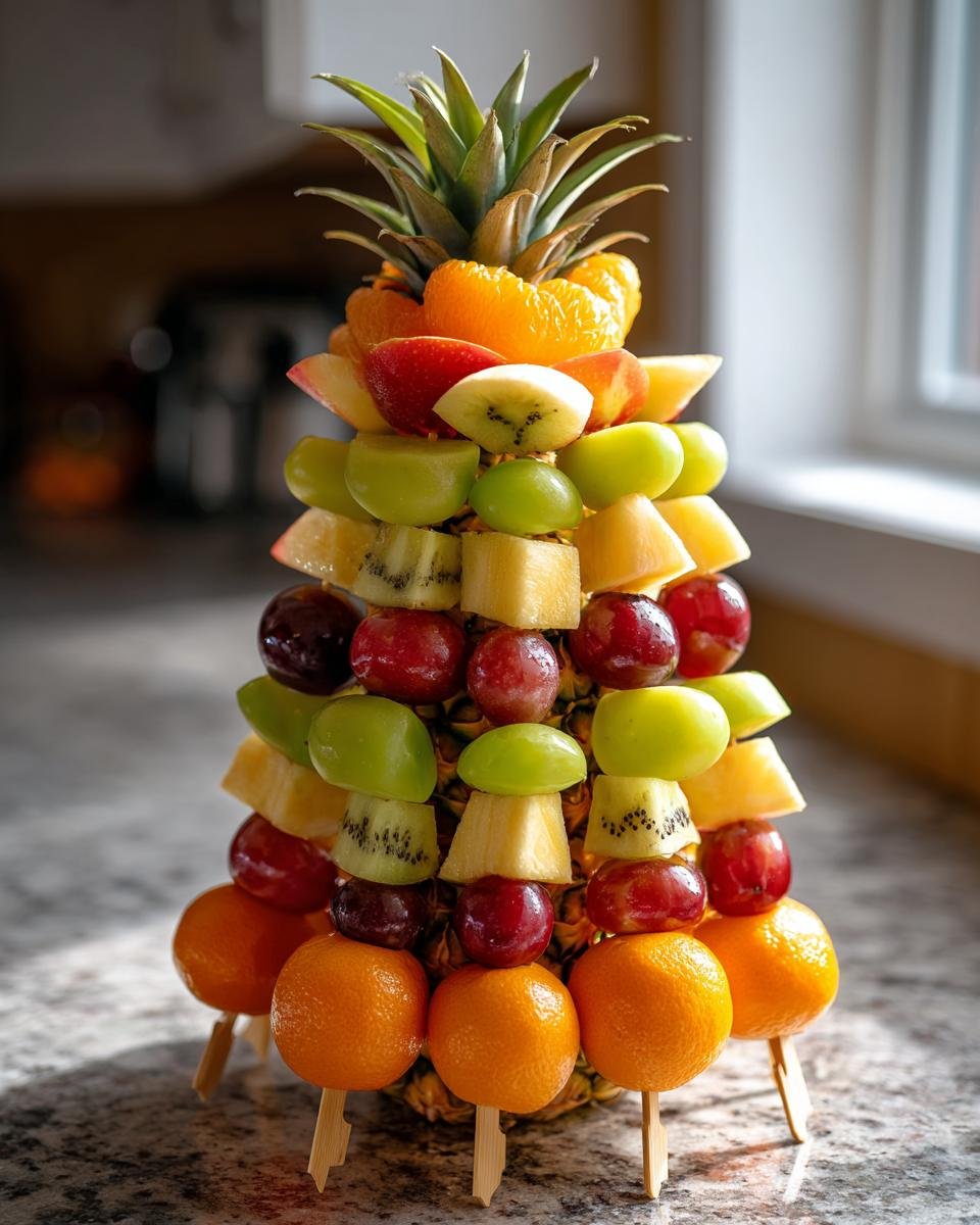 Ein dekorativer Fruit Christmas Tree, aufgebaut aus Ananas, Orangen, Trauben, Kiwi und Apfelstücken.