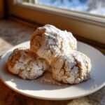 Drei Chai Spiced Snowdrop Cookies, dick mit Puderzucker best&auml;ubt, auf einem wei&szlig;en Teller.