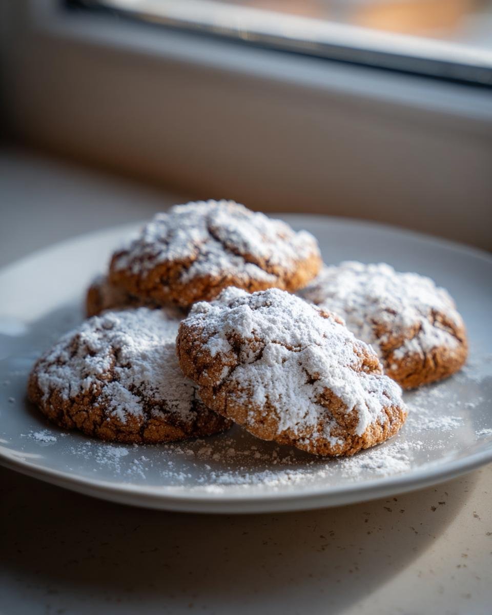 Vier Chai Spiced Snowdrop Cookies, großzügig mit Puderzucker bestäubt, auf einem weißen Teller.