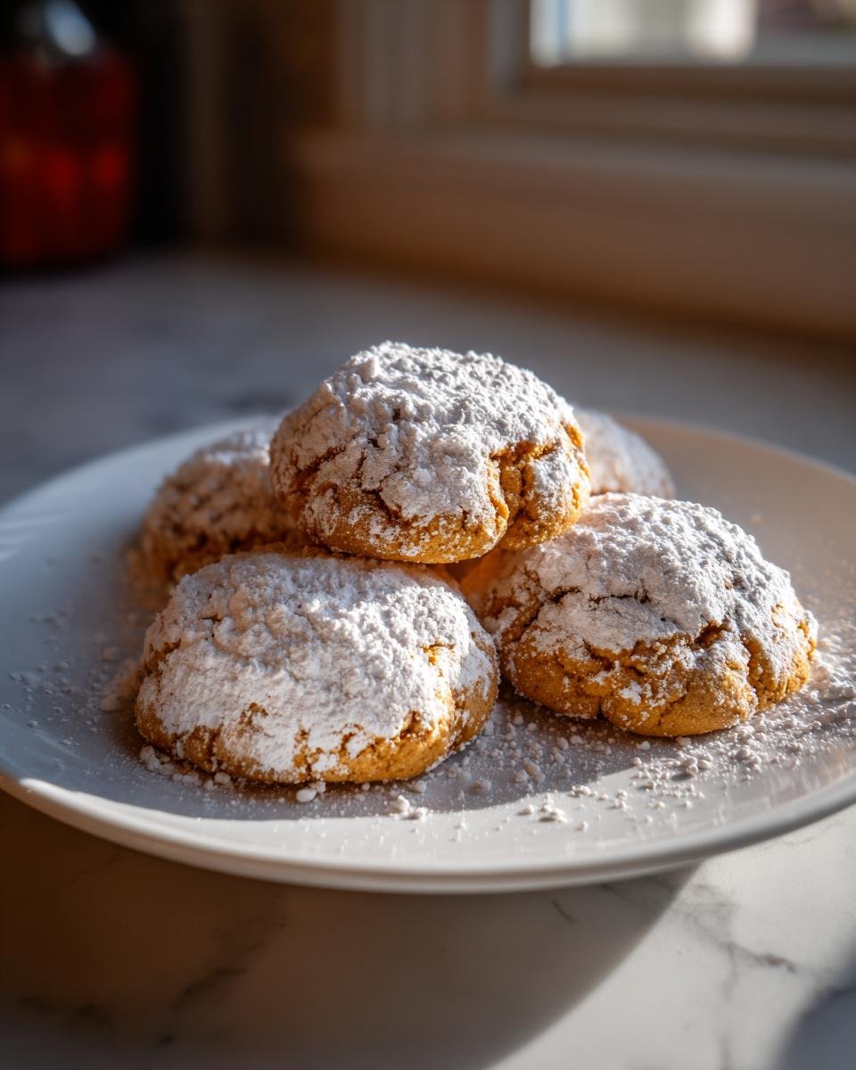 Ein Stapel saftiger Chai Spiced Snowdrop Cookies, dick mit Puderzucker bestäubt.