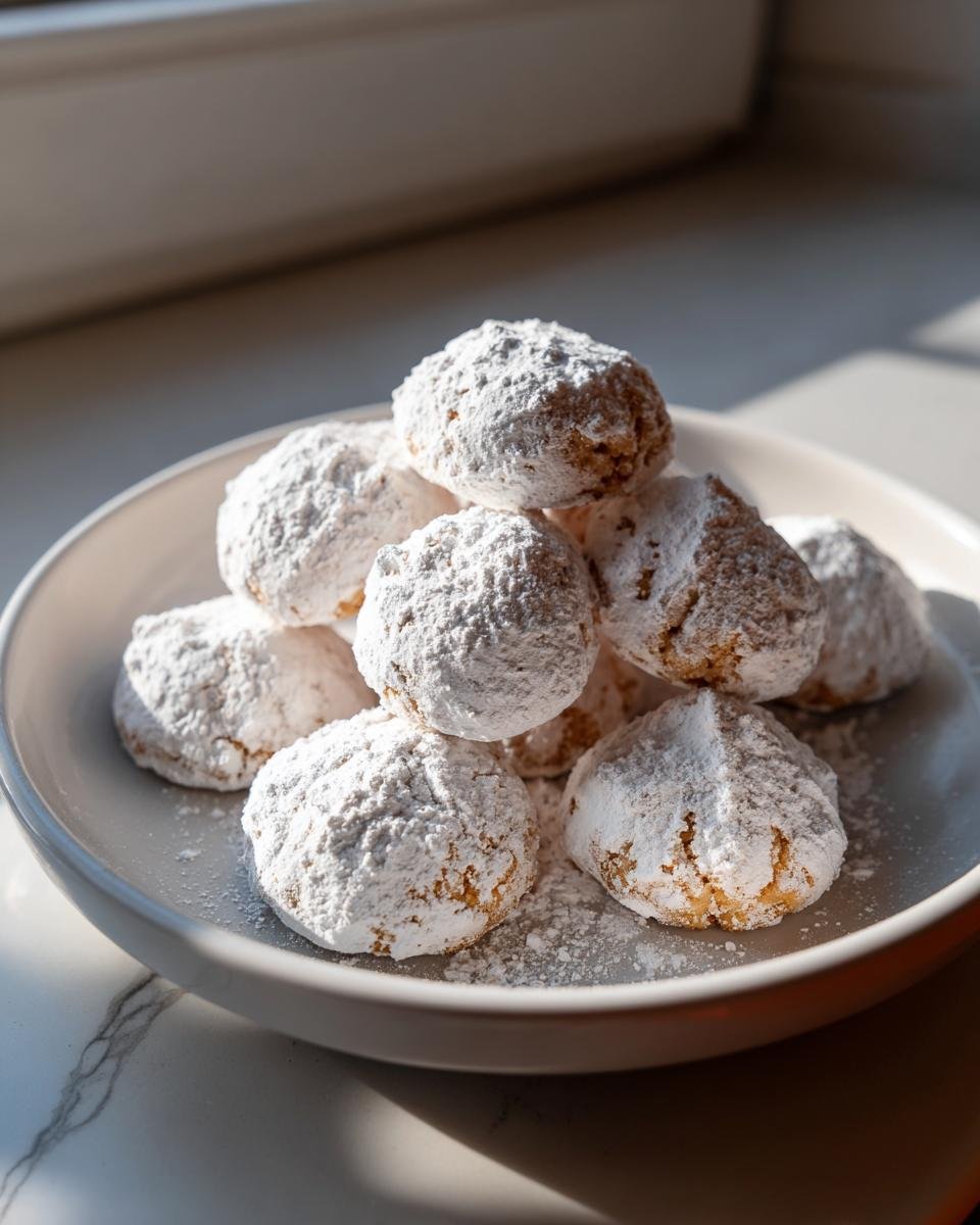 Ein Haufen Chai Spiced Snowdrop Cookies, dick mit Puderzucker bestäubt, auf einem Teller.