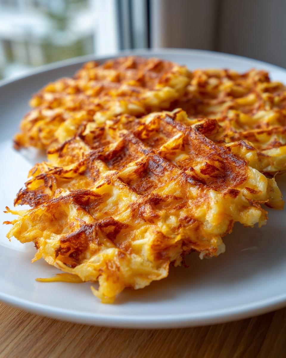 Nahaufnahme von knusprigen, goldbraunen Cheesy Potato Waffles auf einem wei&szlig;en Teller.