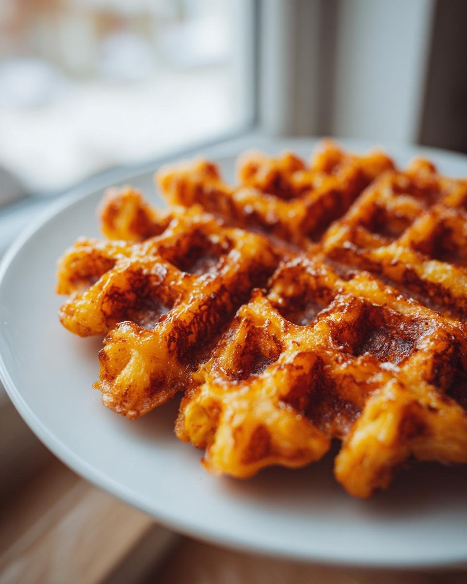Nahaufnahme von goldbraunen, knusprigen Cheesy Potato Waffles auf einem wei&szlig;en Teller.