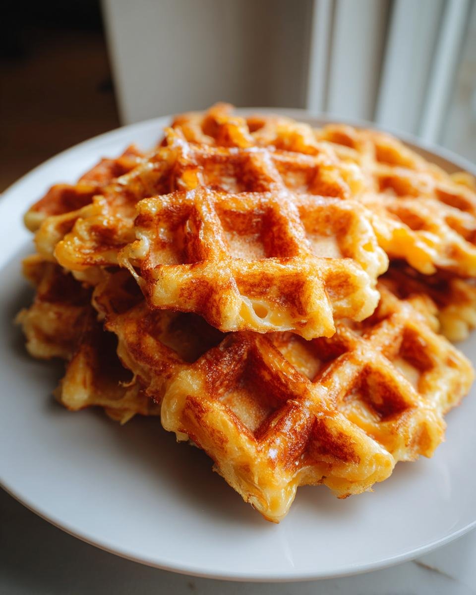 Nahaufnahme eines Stapels goldbrauner, knuspriger Cheesy Potato Waffles auf einem wei&szlig;en Teller.