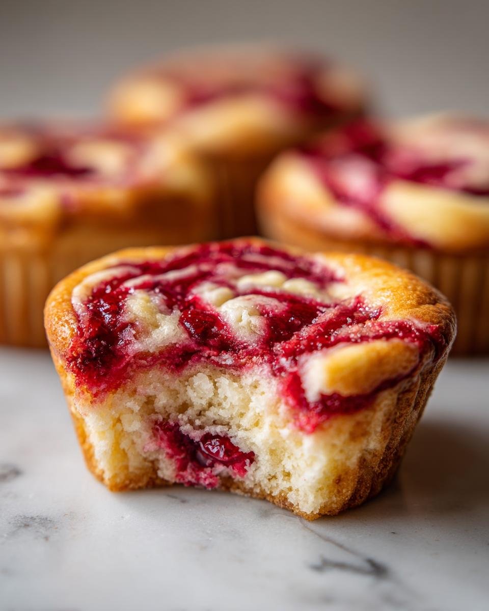 Nahaufnahme eines Cherry Cheesecake Cupcakes mit einem Bissen, der die saftige Kirschf&uuml;llung zeigt.