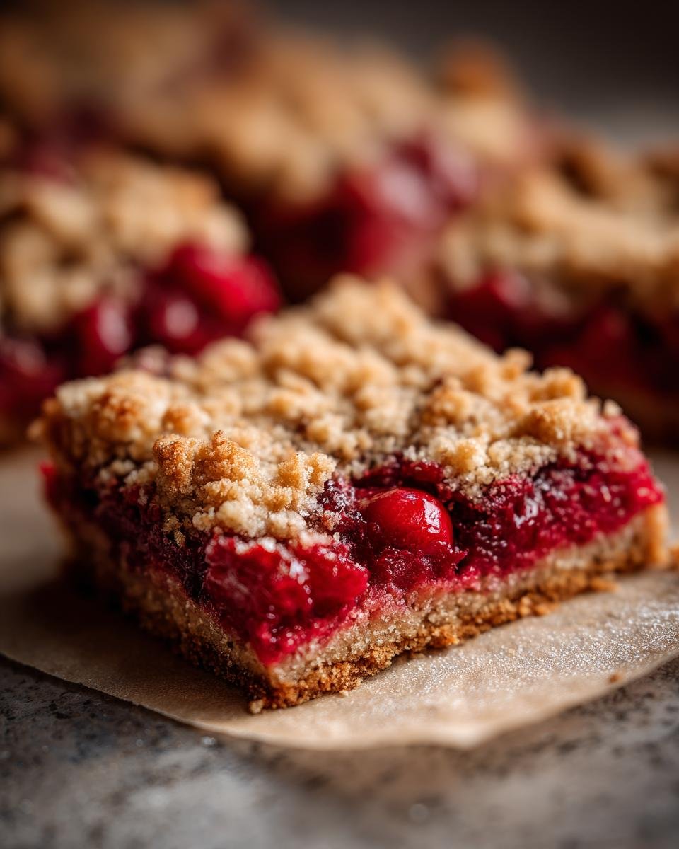 Nahaufnahme eines saftigen Cherry Pie Crumb Bars mit Streuseldecke und Kirschf&uuml;llung.