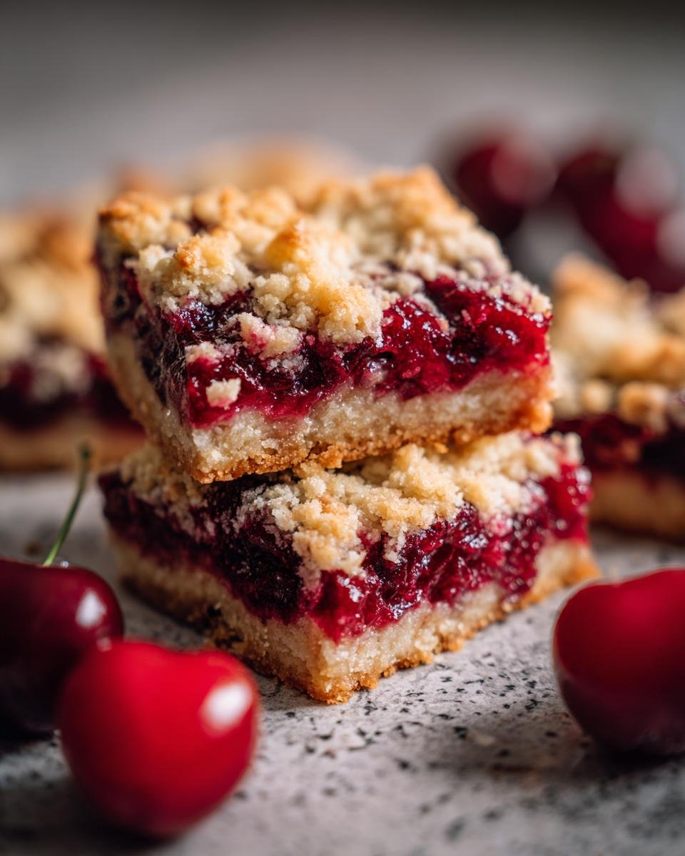 Gestapelte Cherry Pie Crumb Bars mit Kirschf&uuml;llung und Streuseldecke, garniert mit frischen Kirschen.