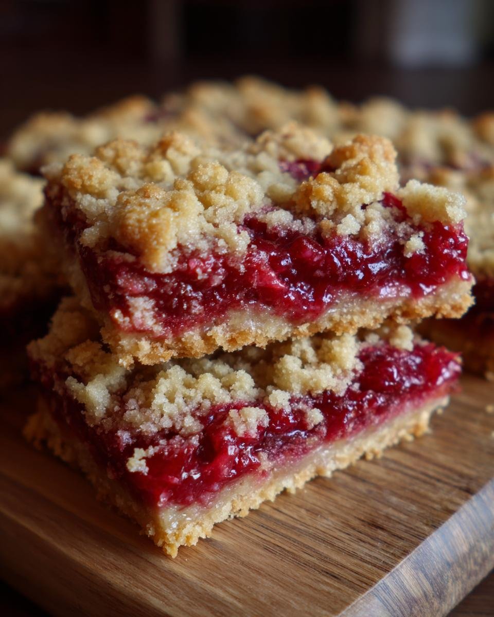 Zwei gestapelte Cherry Pie Crumb Bars auf einem Holzbrett, mit saftiger Kirschf&uuml;llung und knuspriger Krume.