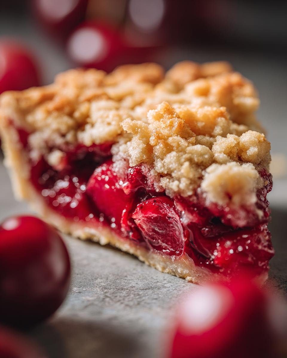 Nahaufnahme eines St&uuml;cks Cherry Pie Crumb Bars Rezept mit saftigen Kirschen und knuspriger Krume.