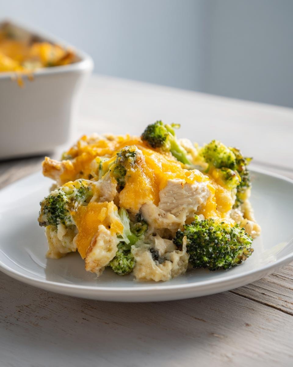 Ein Stück Chicken Broccoli Casserole mit geschmolzenem Cheddar-Käse und Brokkoliröschen auf einem weißen Teller.