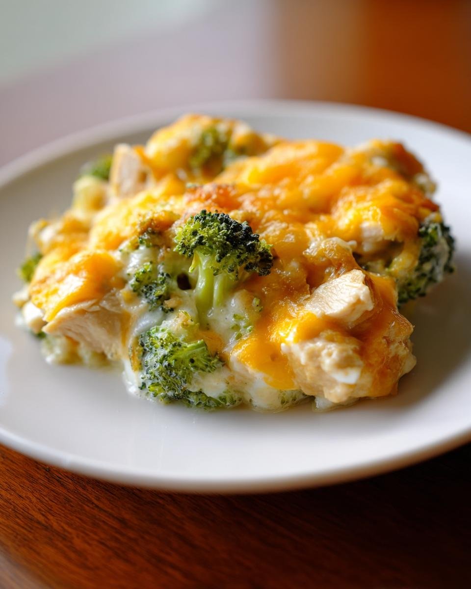 Ein Stück Chicken Broccoli Casserole mit cremigem Käse und Brokkoli auf einem weißen Teller.