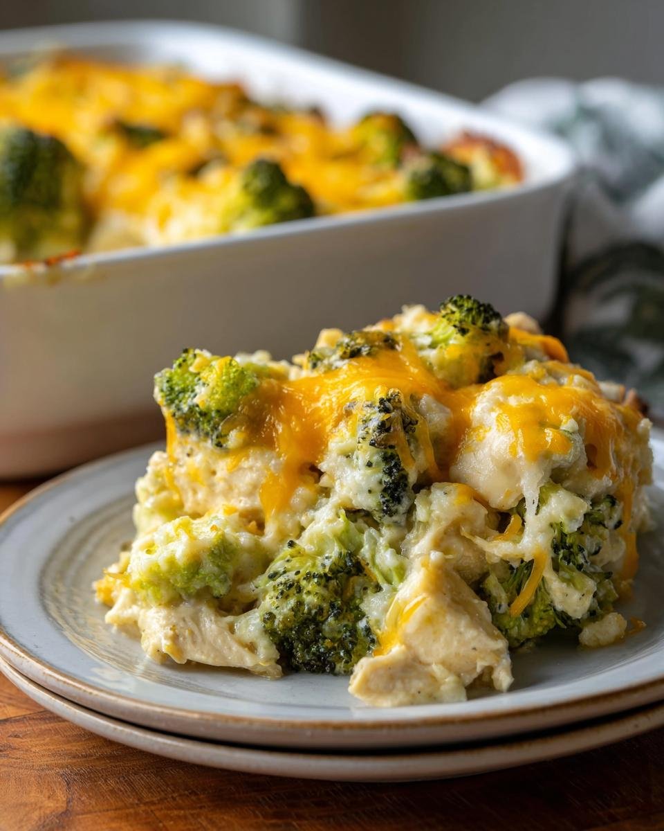 Ein Stück cremiges Chicken Broccoli Casserole mit geschmolzenem Cheddar-Käse auf einem Teller.