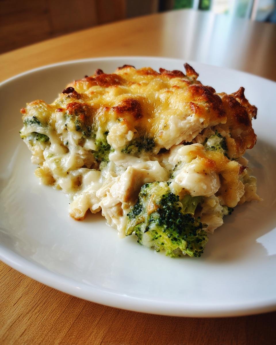 Ein Stück cremiger Chicken Broccoli Casserole mit goldbraun überbackenem Käse auf einem weißen Teller.
