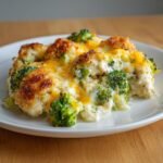 Nahaufnahme von &uuml;berbackenem Chicken Broccoli Casserole mit geschmolzenem K&auml;se und Brokkolir&ouml;schen auf einem wei&szlig;en Teller.