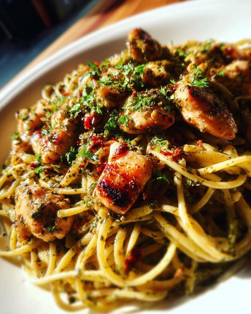 Nahaufnahme eines k&ouml;stlichen Chicken Caesar Pasta Salats mit gebratenen H&auml;hnchenst&uuml;cken und frischer Petersilie.