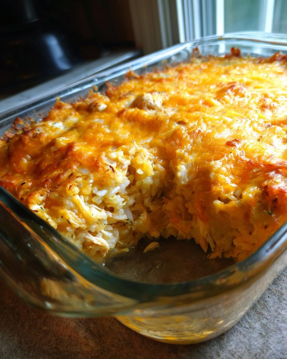 Ein Auflauf mit Chicken Cauliflower Rice Casserole, bedeckt mit geschmolzenem, goldbraunem K&auml;se.