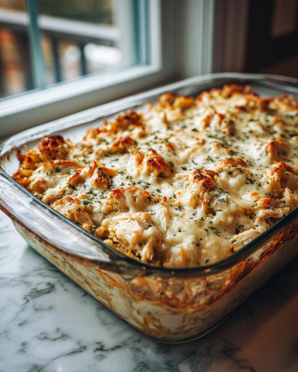 &Uuml;berbackener Chicken Cauliflower Rice Casserole mit geschmolzenem K&auml;se und Kr&auml;utern in einer Glasform.