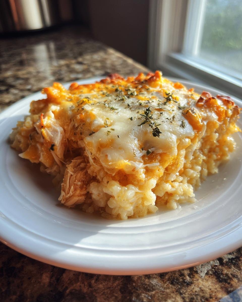 Ein St&uuml;ck Chicken Cauliflower Rice Casserole mit geschmolzenem K&auml;se und Kr&auml;utern auf einem wei&szlig;en Teller.