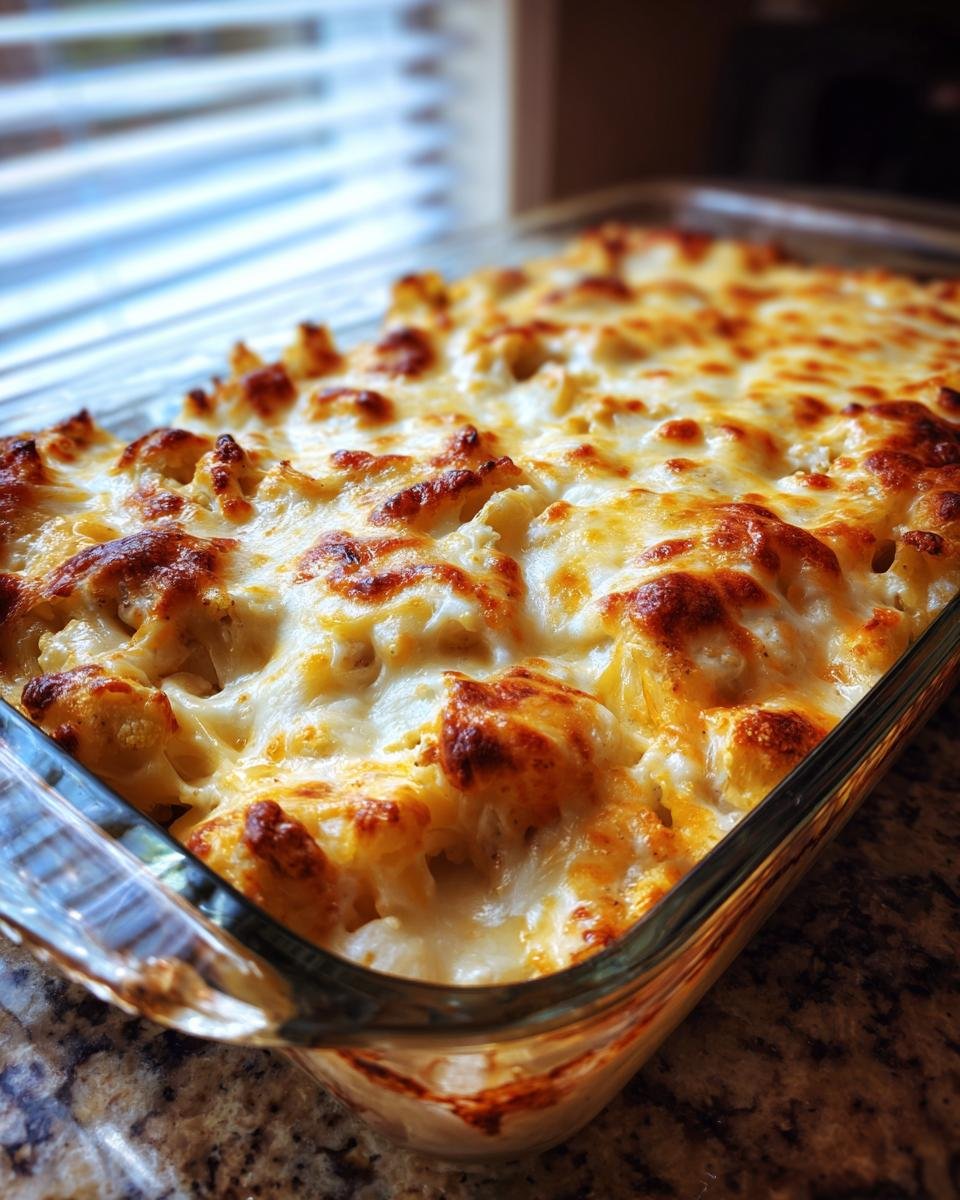 Nahaufnahme eines Auflaufs mit &uuml;berbackenem K&auml;se, dem Chicken Cauliflower Rice Casserole.