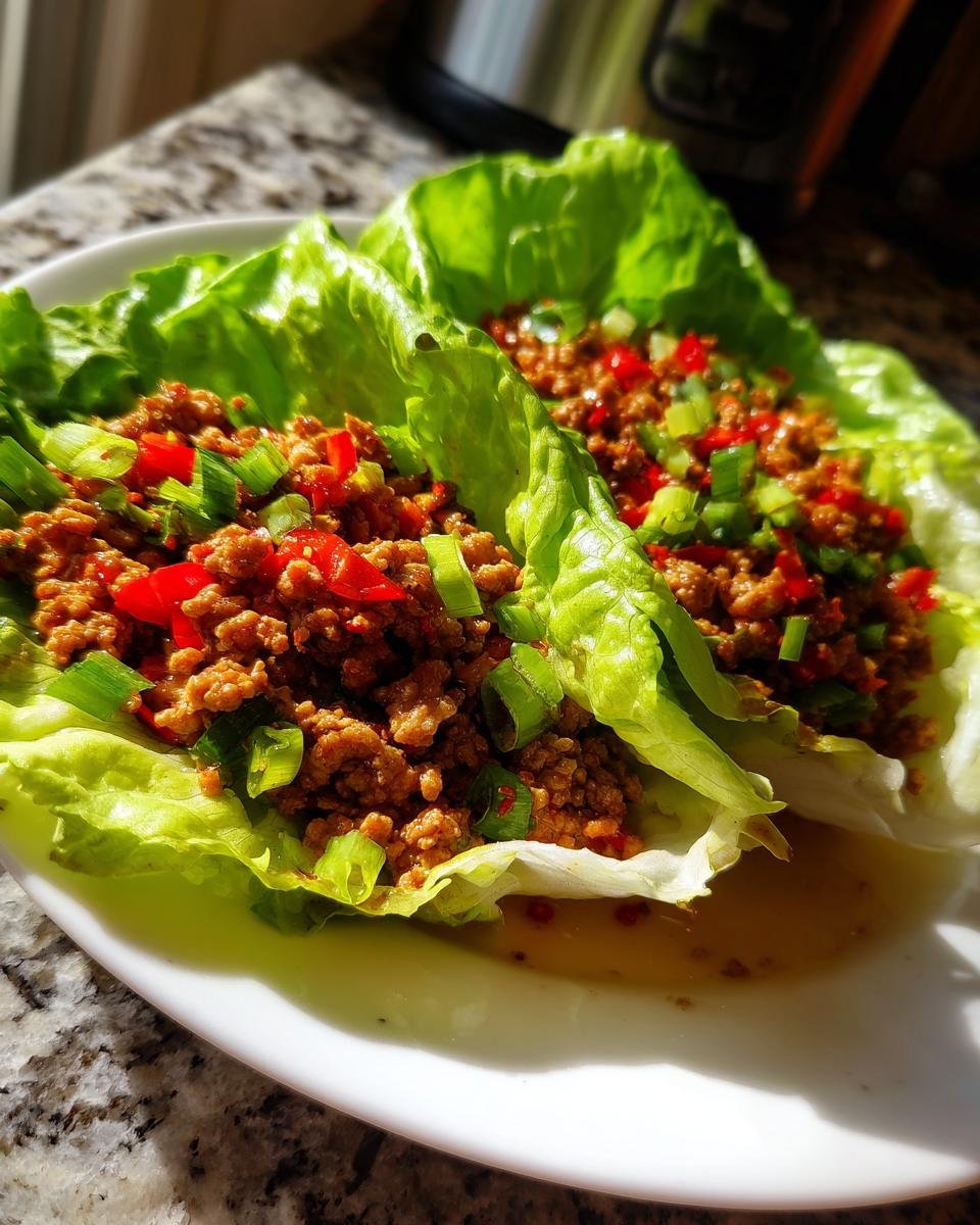 Zwei fertige Chicken Lettuce Wraps gefüllt mit gewürztem Hackfleisch, roten Paprikastücken und Frühlingszwiebeln.