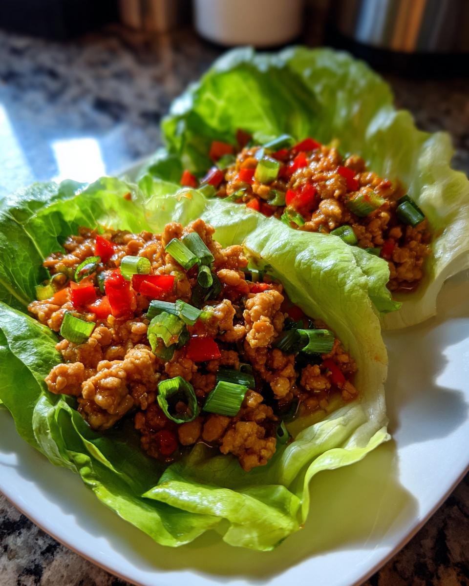 Zwei fertige Chicken Lettuce Wraps gefüllt mit Hackfleisch und garniert mit Frühlingszwiebeln auf einem weißen Teller.