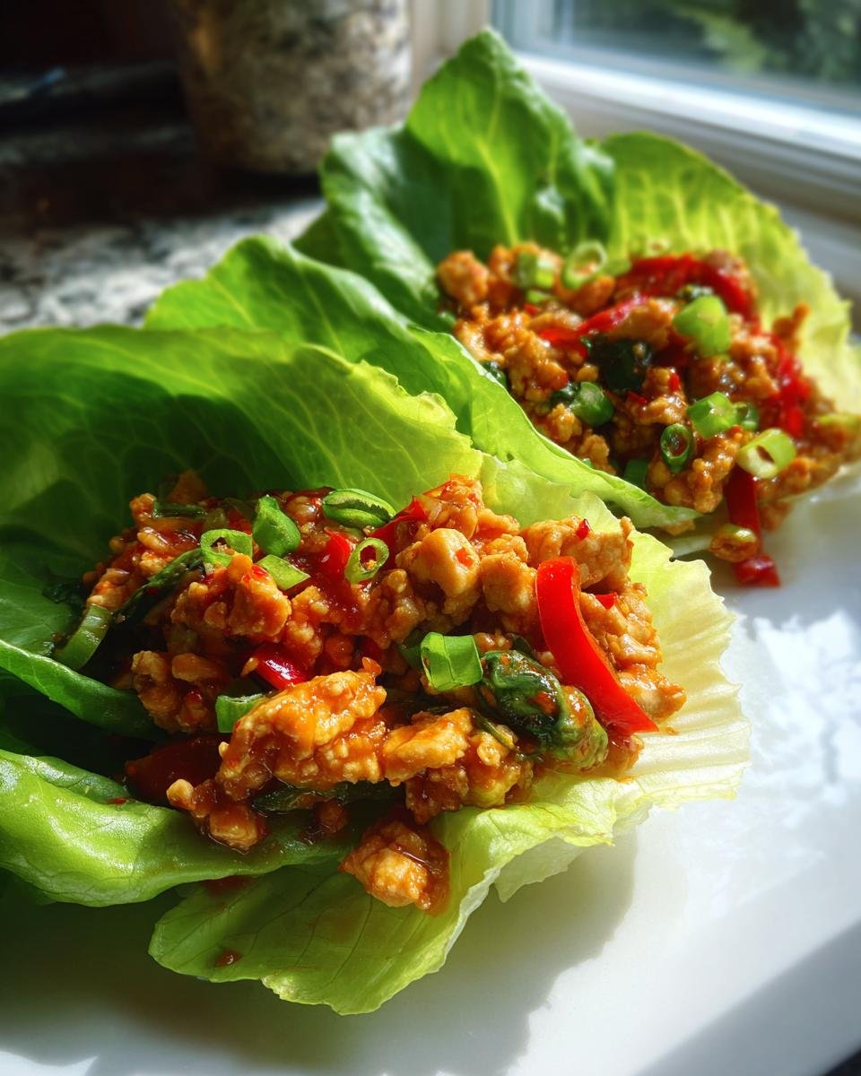 Zwei fertige Chicken Lettuce Wraps mit würziger Hackfleischfüllung und Frühlingszwiebeln auf einem weißen Teller.