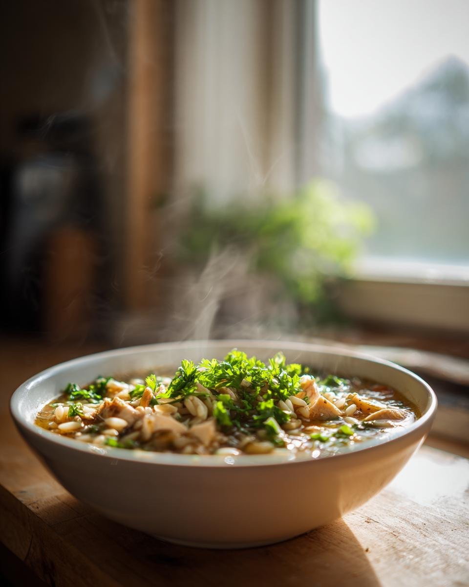 Eine dampfende Schüssel Chicken Orzo Soup, garniert mit frischer Petersilie, steht auf einem Holztisch.