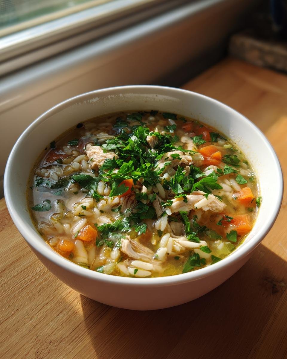 Eine Schüssel fertiger Chicken Orzo Soup mit viel frischer Petersilie, Karottenstücken und Hühnchenfleisch.