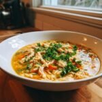 Nahaufnahme einer dampfenden Chicken Orzo Soup mit viel zerzupftem H&auml;hnchen und frischer Petersilie.