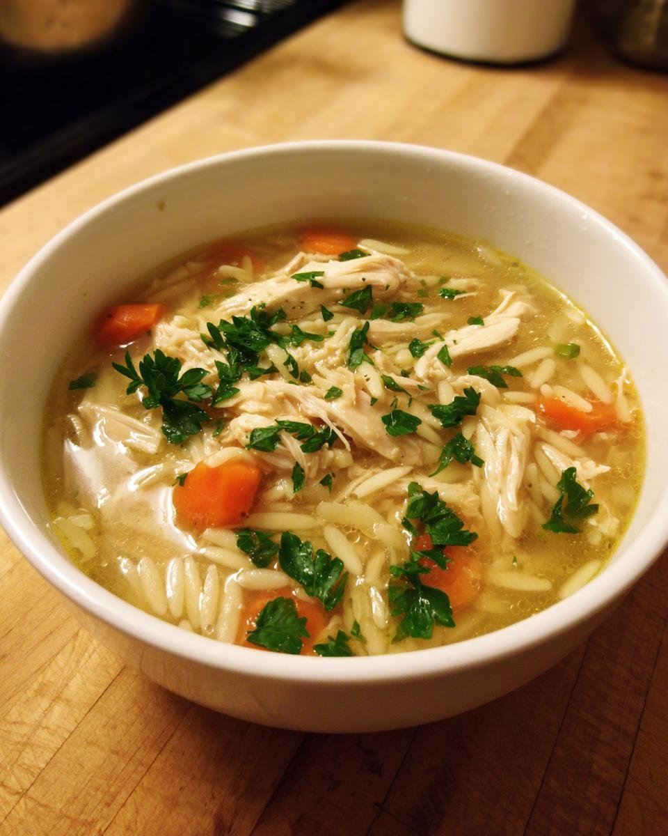 Nahaufnahme einer Schüssel Chicken Orzo Soup mit zerzupftem Huhn, Karottenstücken und Petersilie.
