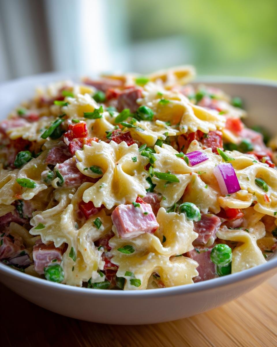Nahaufnahme von Chilled 4th Of July Pasta Salad mit Farfalle-Nudeln, Erbsen, rotem Paprika und Schinken in einer cremigen Sauce.