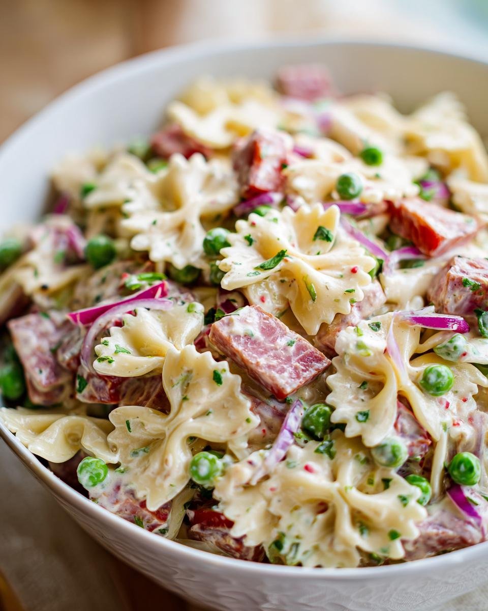 Nahaufnahme einer Sch&uuml;ssel mit Chilled 4th Of July Pasta Salad, bestehend aus Farfalle-Nudeln, Erbsen, roten Zwiebeln und Wurst.