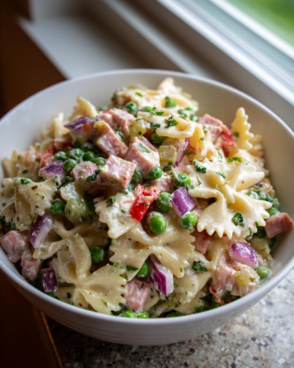 Nahaufnahme von Chilled 4th Of July Pasta Salad mit Farfalle-Nudeln, Schinkenw&uuml;rfeln, Erbsen und roten Zwiebeln in einer cremigen Sauce.