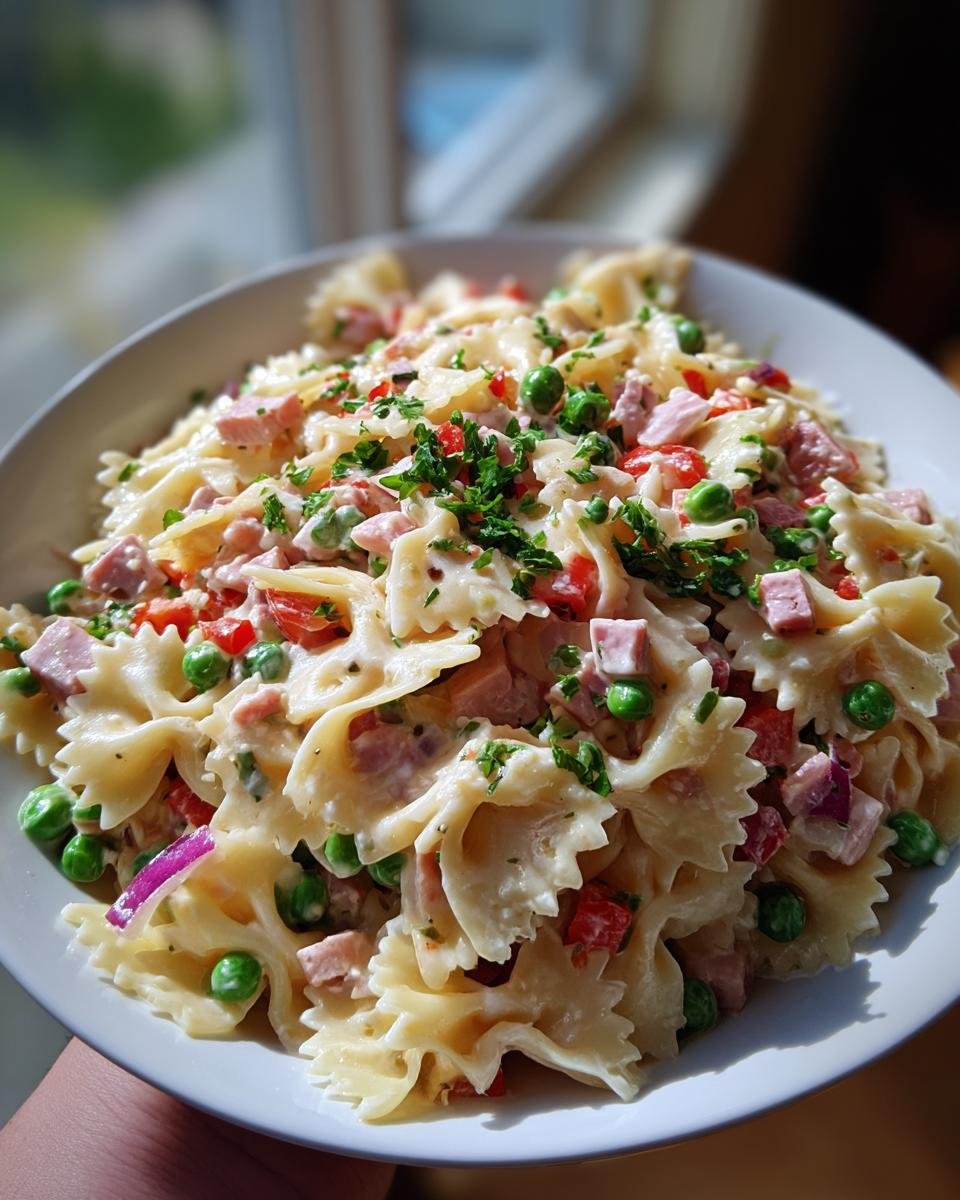 Nahaufnahme von Chilled 4th Of July Pasta Salad mit Farfalle-Nudeln, Schinkenw&uuml;rfeln, Erbsen und Paprika, garniert mit Petersilie.