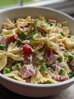 Nahaufnahme einer Sch&uuml;ssel mit Chilled 4th Of July Pasta Salad, gef&uuml;llt mit Farfalle-Nudeln, Erbsen, gew&uuml;rfeltem Schinken und roten Zwiebeln.