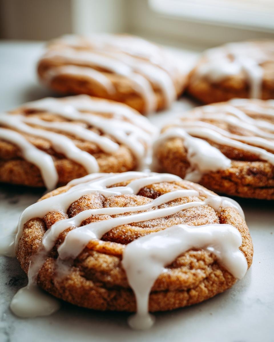 Nahaufnahme von saftigen Cinnamon Roll Sugar Cookies, verziert mit wei&szlig;em Zuckerguss.
