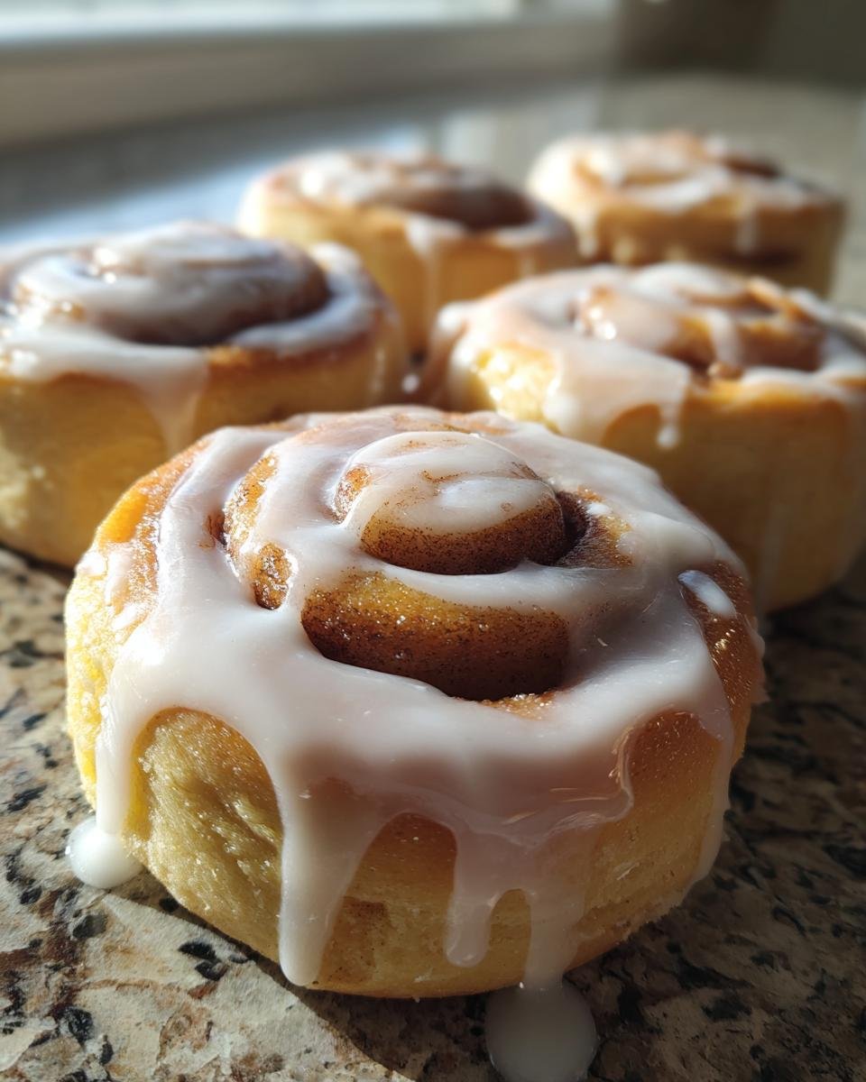 Nahaufnahme von saftigen Cinnamon Roll Sugar Cookies, &uuml;ppig mit wei&szlig;em Zuckerguss &uuml;berzogen.