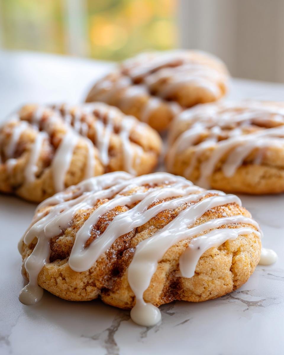 Nahaufnahme von saftigen Cinnamon Roll Sugar Cookies, die mit dickem, wei&szlig;em Zuckerguss &uuml;berzogen sind.