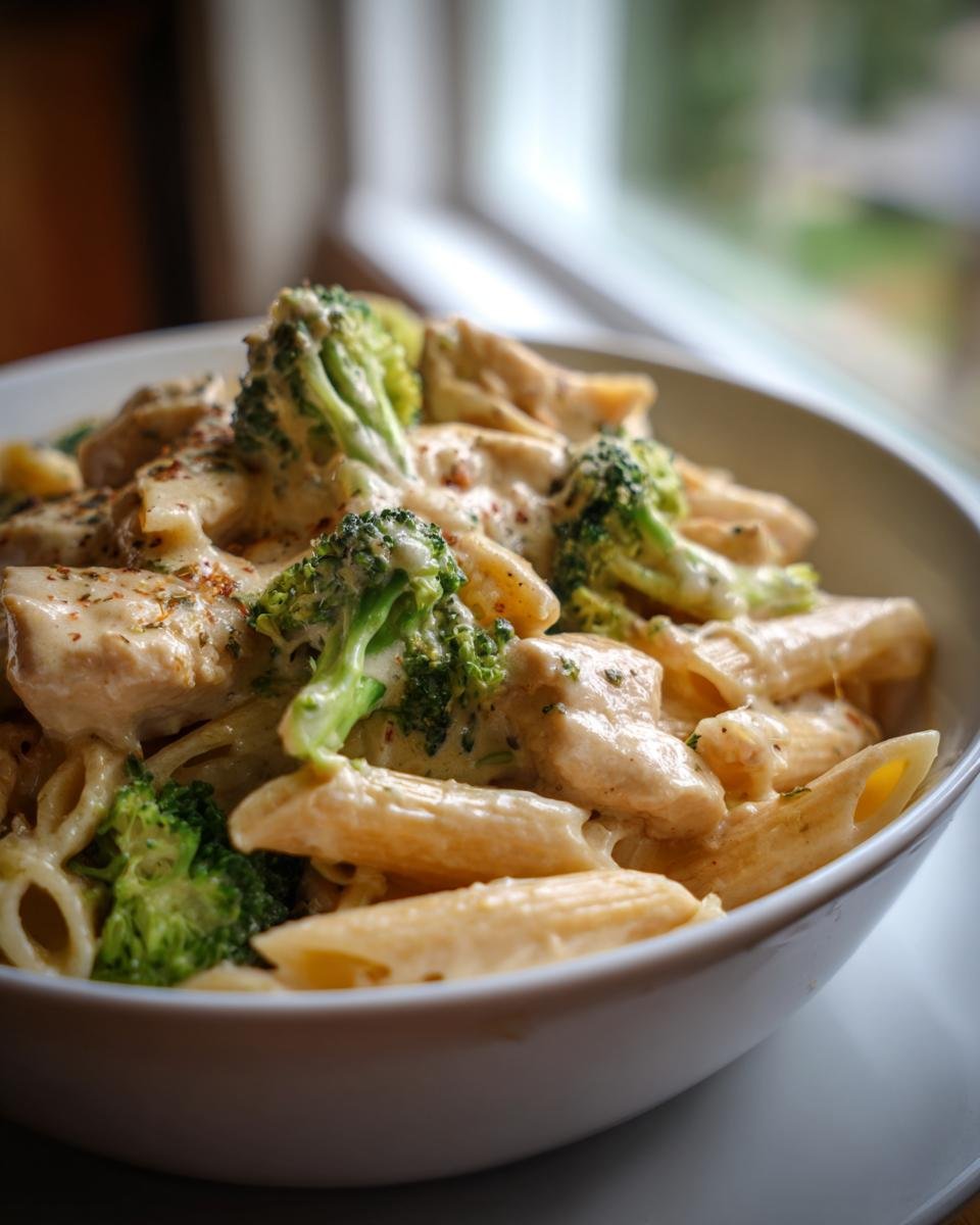 Nahaufnahme einer Schüssel mit cremiger Brokkoli-Hähnchen-Penne, garniert mit Kräutern.